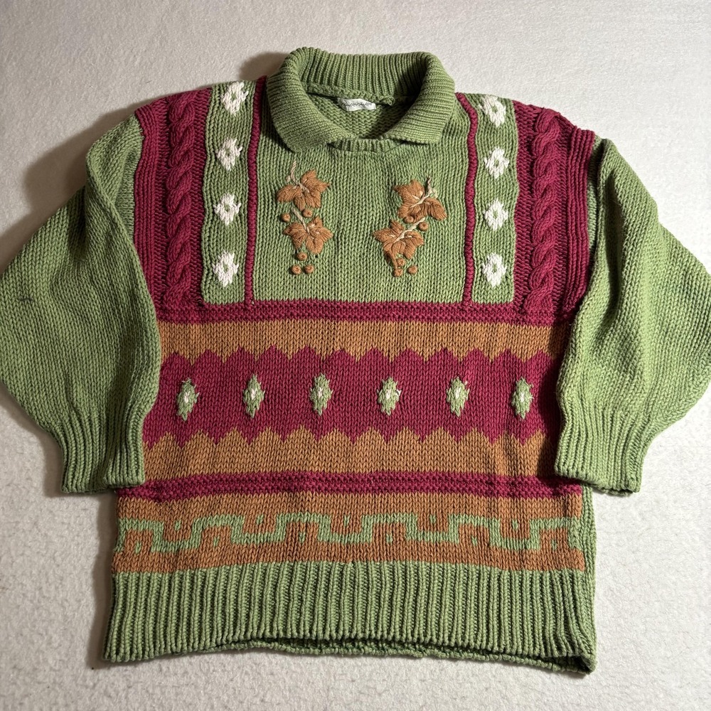 Vintage Hand Knit Sweater Womens‎ Medium Floral Embroidered Pullover 90s Koret